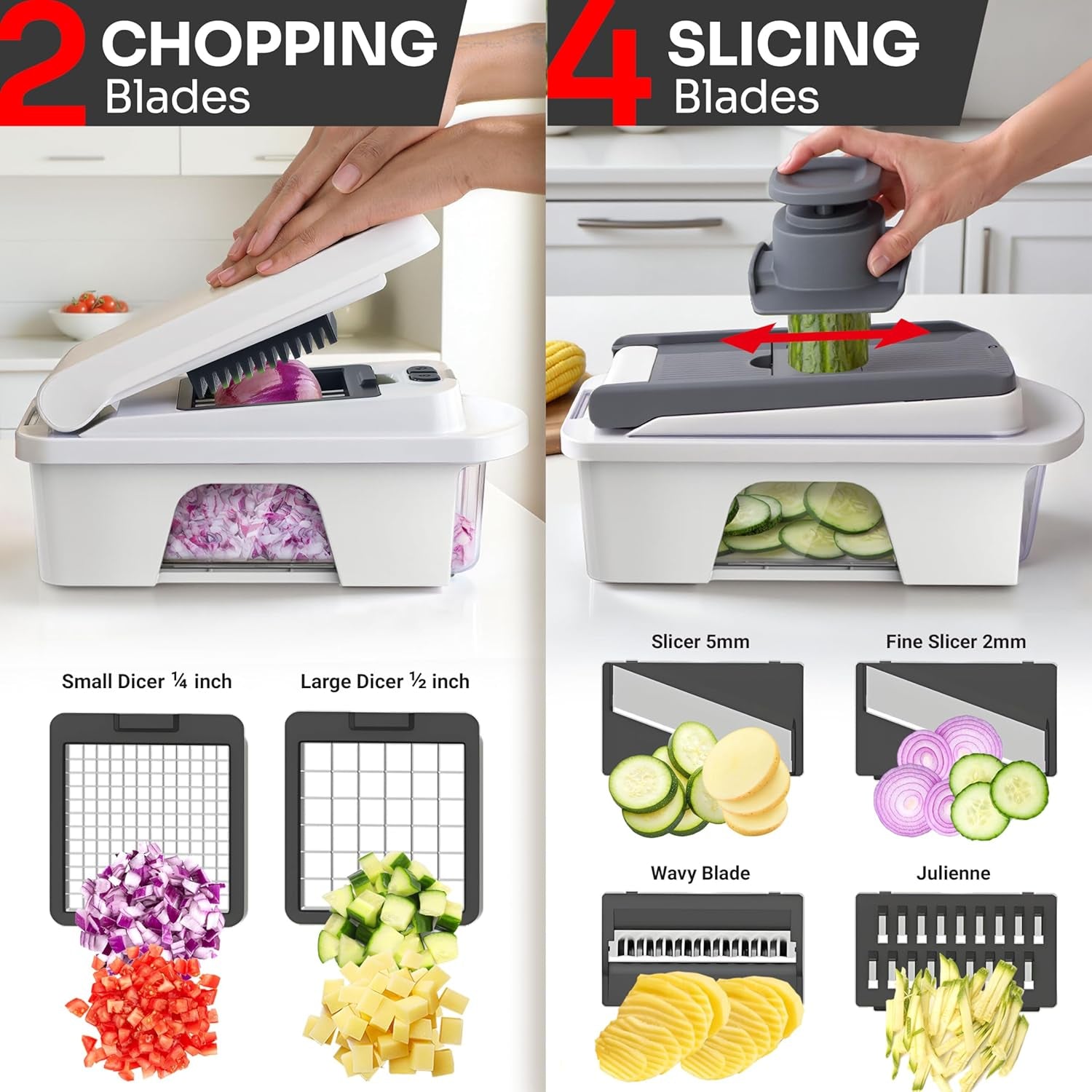 Pro-Series All-In-One, 12 Blade Mandoline Slicer for Kitchen, Food Chopper, Vegetable Slicer and Spiralizer, Cutter, Dicer, Grater, Kitchen Gadgets Sets with Container, White Sand/Gray