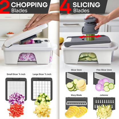 Pro-Series All-In-One, 12 Blade Mandoline Slicer for Kitchen, Food Chopper, Vegetable Slicer and Spiralizer, Cutter, Dicer, Grater, Kitchen Gadgets Sets with Container, White Sand/Gray