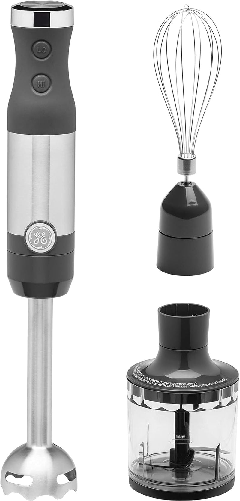 GE Immersion Blender | Handheld Blender for Shakes, Smoothies, Baby Food &amp; More | Includes Whisk &amp; Blending Jar | 2-Speed | Interchangeable Attachment for Easy Clean | 500 Watts | Stainless Steel