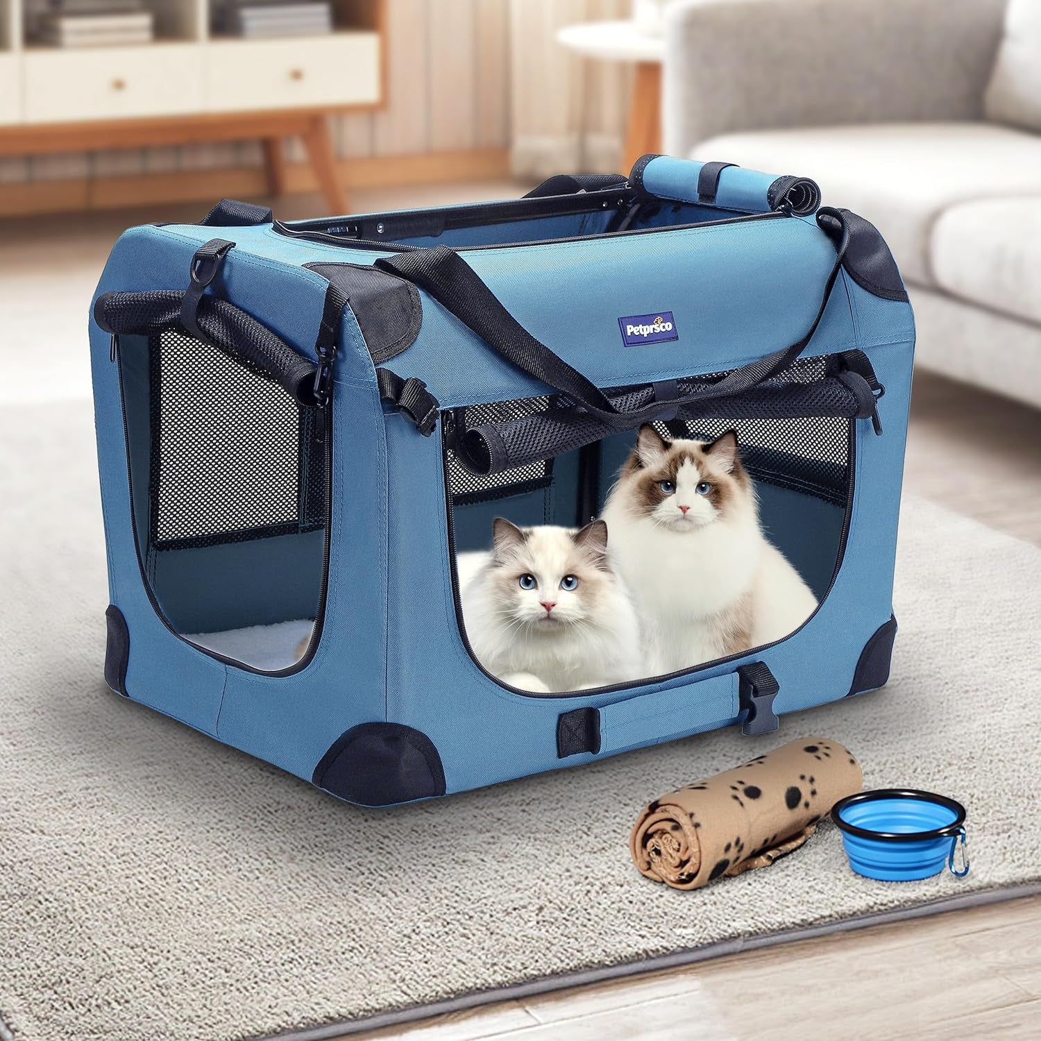 Portable Collapsible Dog Crate, Travel Dog Crate 24X17X17 with Soft Warm Blanket and Foldable Bowl for Large Cats &amp; Small Dogs Indoor and Outdoor