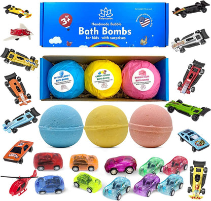 3 Bath Bombs for Kids with Big Cars inside - Surprise Bath Bombs with Collectible Cars Toys inside | Cars, Trucks, Airplane | Gift for Toddlers, Girls, Boys, Teens - Handmade in the USA