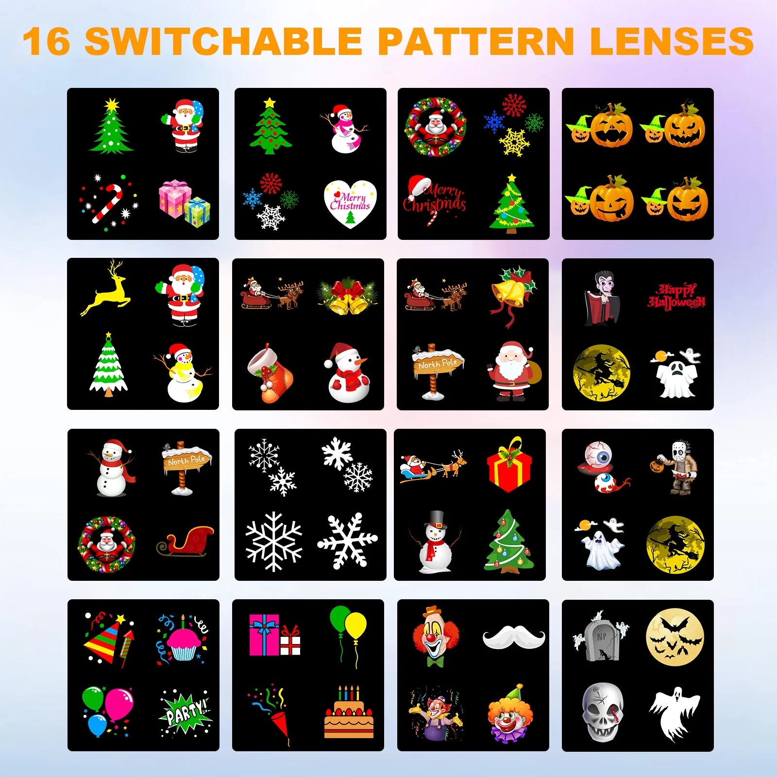 16 Slides Christmas Holiday Lights Projector, Waterproof Snowflakes Projection Lamp Indoor Outdoor Lighting for Halloween, Xmas, Holiday, Party, Birthday Garden House Decoration