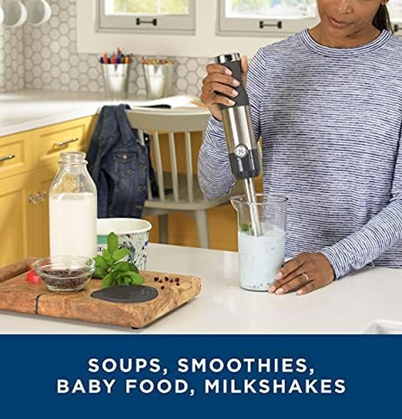 GE Immersion Blender | Handheld Blender for Shakes, Smoothies, Baby Food &amp; More | Includes Whisk &amp; Blending Jar | 2-Speed | Interchangeable Attachment for Easy Clean | 500 Watts | Stainless Steel