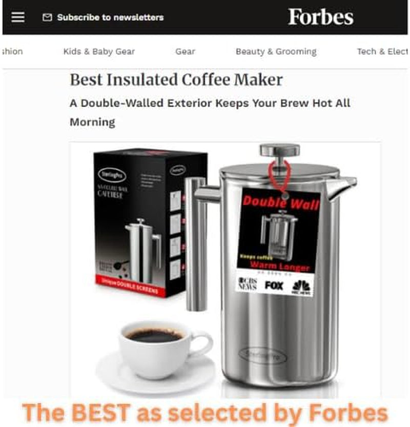 French Press Coffee Maker (1.5L)-Double Walled Large Coffee Press with 2 Extra Filters-Enjoy Granule-Free Coffee, Stylish Rust Free Kitchen Accessory-Stainless Steel (Mirror)