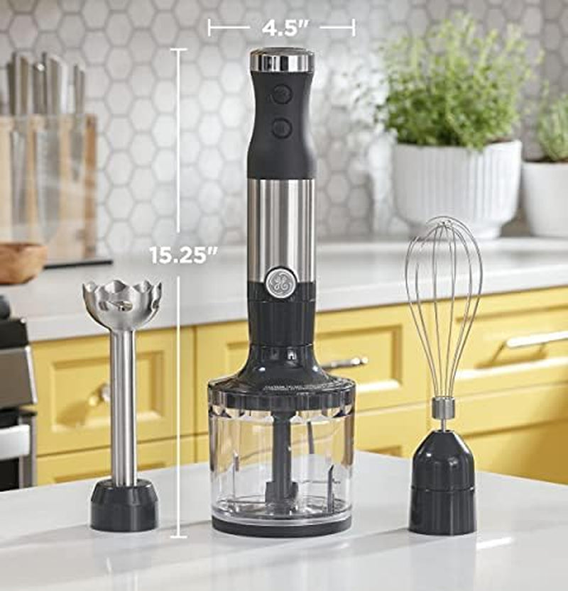 GE Immersion Blender | Handheld Blender for Shakes, Smoothies, Baby Food &amp; More | Includes Whisk &amp; Blending Jar | 2-Speed | Interchangeable Attachment for Easy Clean | 500 Watts | Stainless Steel