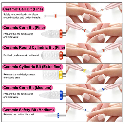 25Pcs Nail Drill Bits Set with Storage Box, 3/32 Inch Tungsten Ceramic Diamond Carbide Nail Drill Bits for Acrylic Gel Polish, Cuticle Efile Remover for Manicure Pedicure