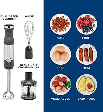 GE Immersion Blender | Handheld Blender for Shakes, Smoothies, Baby Food &amp; More | Includes Whisk &amp; Blending Jar | 2-Speed | Interchangeable Attachment for Easy Clean | 500 Watts | Stainless Steel
