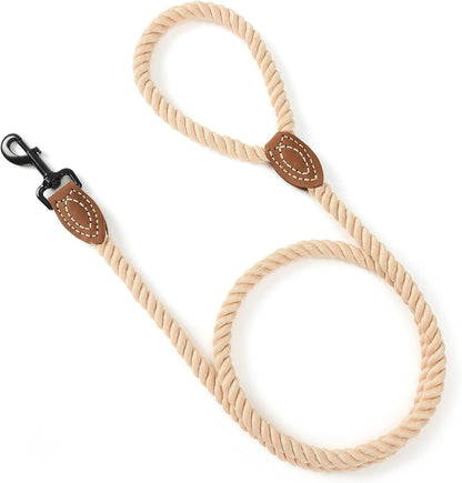 Dog Leash, Braided Cotton Rope Leashes with Leather Tip - Heavy Duty Metal Clasp, 6FT, 1/2&quot; Thick - Wedding, Walking &amp; Training Leash for Small Medium Large Dogs (Light Brown)