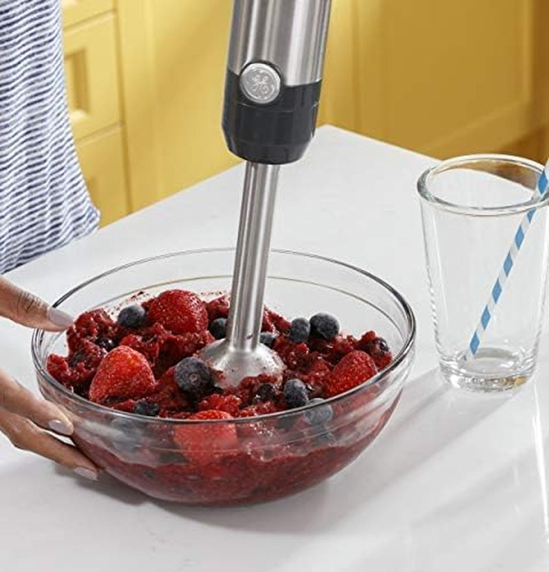 GE Immersion Blender | Handheld Blender for Shakes, Smoothies, Baby Food &amp; More | Includes Whisk &amp; Blending Jar | 2-Speed | Interchangeable Attachment for Easy Clean | 500 Watts | Stainless Steel