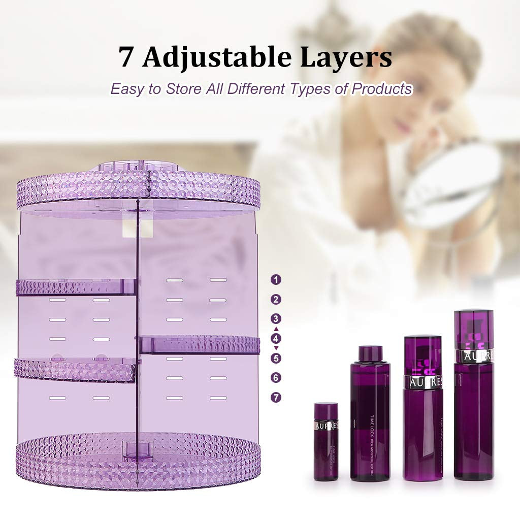 Makeup Organizer 360-Degree Rotating, Adjustable Makeup Storage, 7 Layers Large Capacity Cosmetic Storage Unit, Fits Different Types of Cosmetics and Accessories, plus Size(Purple)
