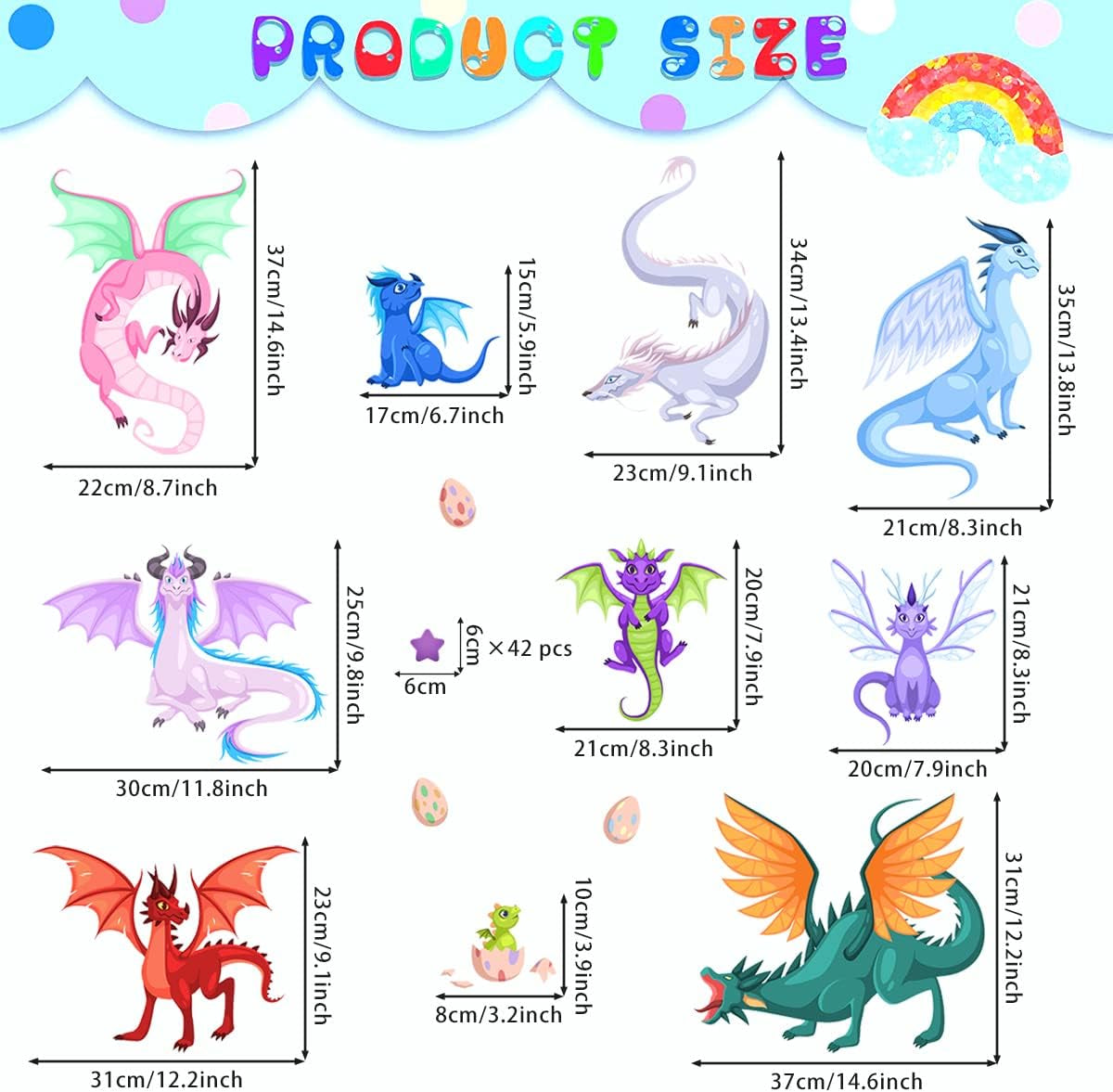 Creative Fairy Dragon Wall Decals Cartoon Large Wings Dragons Eggs Stars Wall Stickers Easy to Peel and Stick Wall Stickers Art Paper for Playroom Nursery Classroom Kids Bedroom Wall Decor