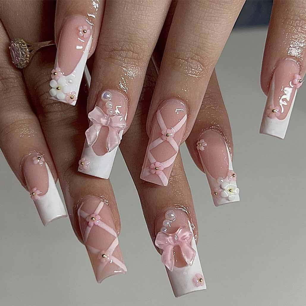 Press on Nails Medium Long Rhinestone Pink Fake Nails Square Bling Glossy 3D Flower False Nail Tips Artificial Nails Finger Manicure for Women and Girls-24Pcs