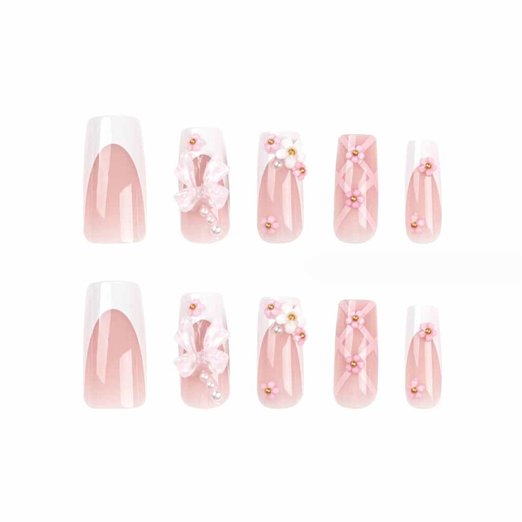 Press on Nails Medium Long Rhinestone Pink Fake Nails Square Bling Glossy 3D Flower False Nail Tips Artificial Nails Finger Manicure for Women and Girls-24Pcs