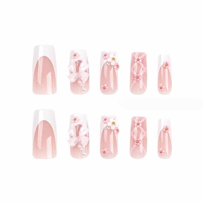 Press on Nails Medium Long Rhinestone Pink Fake Nails Square Bling Glossy 3D Flower False Nail Tips Artificial Nails Finger Manicure for Women and Girls-24Pcs
