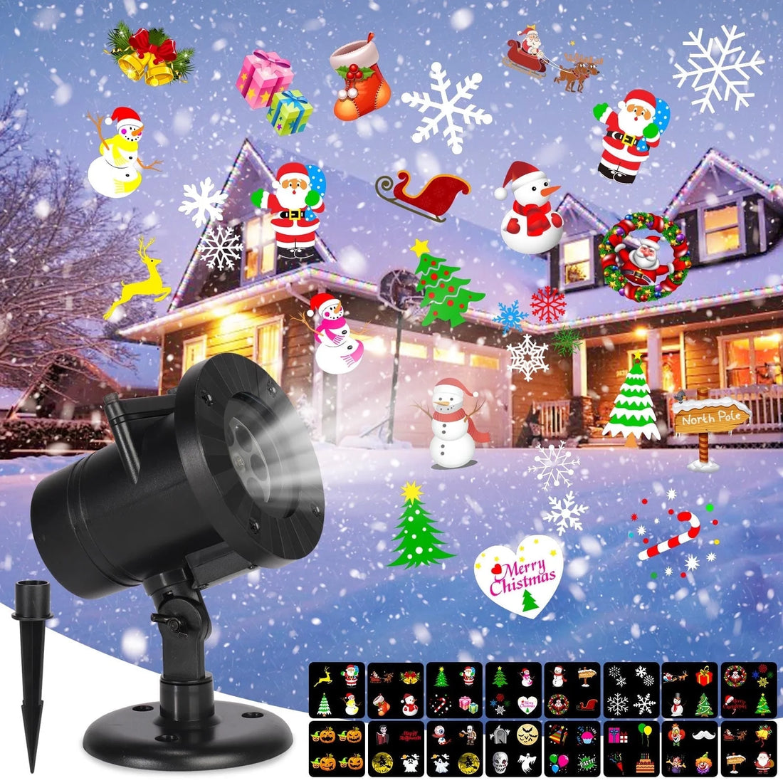 16 Slides Christmas Holiday Lights Projector, Waterproof Snowflakes Projection Lamp Indoor Outdoor Lighting for Halloween, Xmas, Holiday, Party, Birthday Garden House Decoration