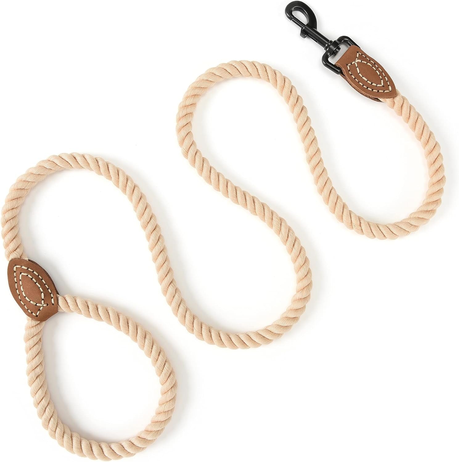 Dog Leash, Braided Cotton Rope Leashes with Leather Tip - Heavy Duty Metal Clasp, 6FT, 1/2&quot; Thick - Wedding, Walking &amp; Training Leash for Small Medium Large Dogs (Light Brown)