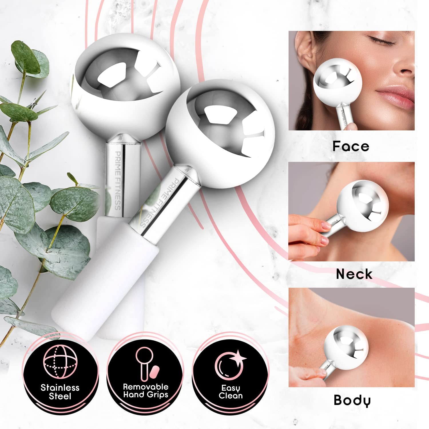Ice Globes for Facials | Unbreakable Steel Cooling Roller | Cryo Sticks for Face | Massager for Face Neck &amp; Eyes | Skin Care for Dark Circles, Puffiness, Wrinkles, Collagen Production (White)