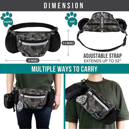 Dog Fanny Pack, Treat Pouch for Dog Walking, Training, Built in Poop Bag Dispenser, Water Bottle Holder, Collapsible Bowl, Pet Treat Waist Belt for Hiking, Running, Kibbles (Camo Black)