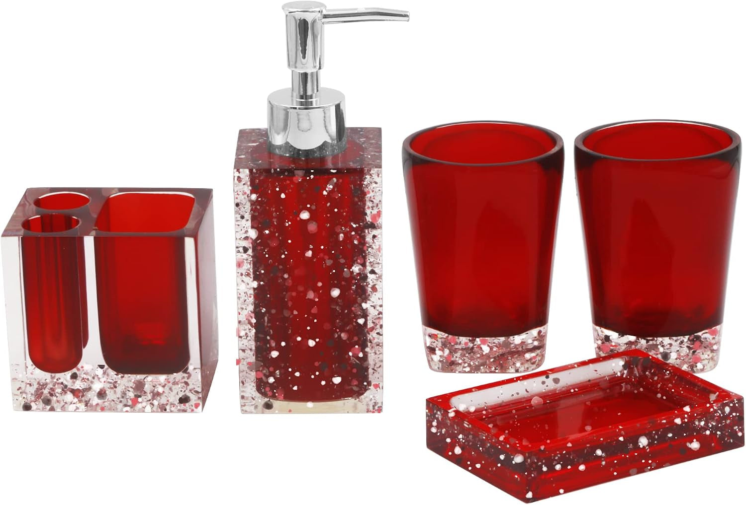 5-Piece Resin Bathroom Accessory Set with Soap Dish, Dispenser, Toothbrush Holder and Tumbler, Red