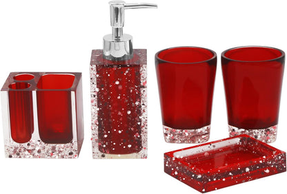 5-Piece Resin Bathroom Accessory Set with Soap Dish, Dispenser, Toothbrush Holder and Tumbler, Red