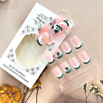 Green White French Tip Press on Nails Medium Four Leaf Clover Design St. Patrick&
