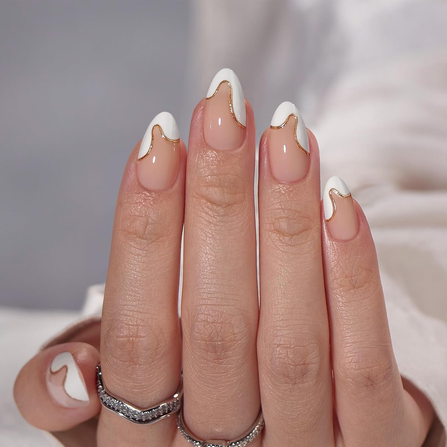 Press on Nails Almond - Designed White French Tip Press on Nails Short with Gold Foil, Glue on Nails for Winter Day Gifts, Stick on Nails in 16 Sizes - 30 Nail Kit, Tiny Gloden