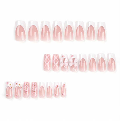 Press on Nails Medium Long Rhinestone Pink Fake Nails Square Bling Glossy 3D Flower False Nail Tips Artificial Nails Finger Manicure for Women and Girls-24Pcs