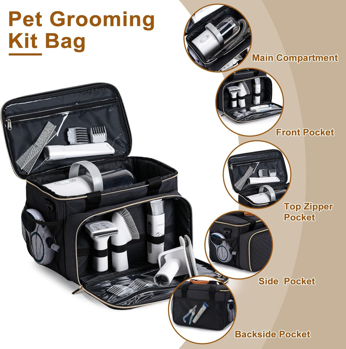 Dog Grooming Vacuum Bag, Pet Grooming Kit Bag Perfect for Dog Hair Vacuum &amp; Grooming Tool Kit Accessories- Black