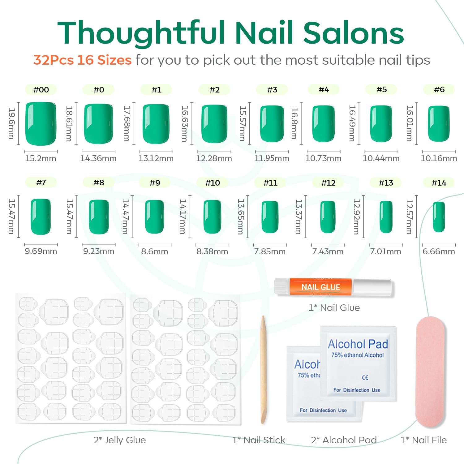 Green Press on Nails, Spring Easter Short Square Fake Nails, Summer Spring Reusable Nail Kit with Nail Glue Adhesive Tabs Mini Nail File, Nails Press Ons 32Pcs16 Sizes, Women Girl Gift
