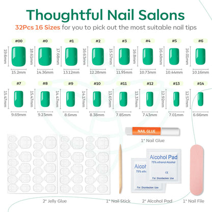 Green Press on Nails, Spring Easter Short Square Fake Nails, Summer Spring Reusable Nail Kit with Nail Glue Adhesive Tabs Mini Nail File, Nails Press Ons 32Pcs16 Sizes, Women Girl Gift