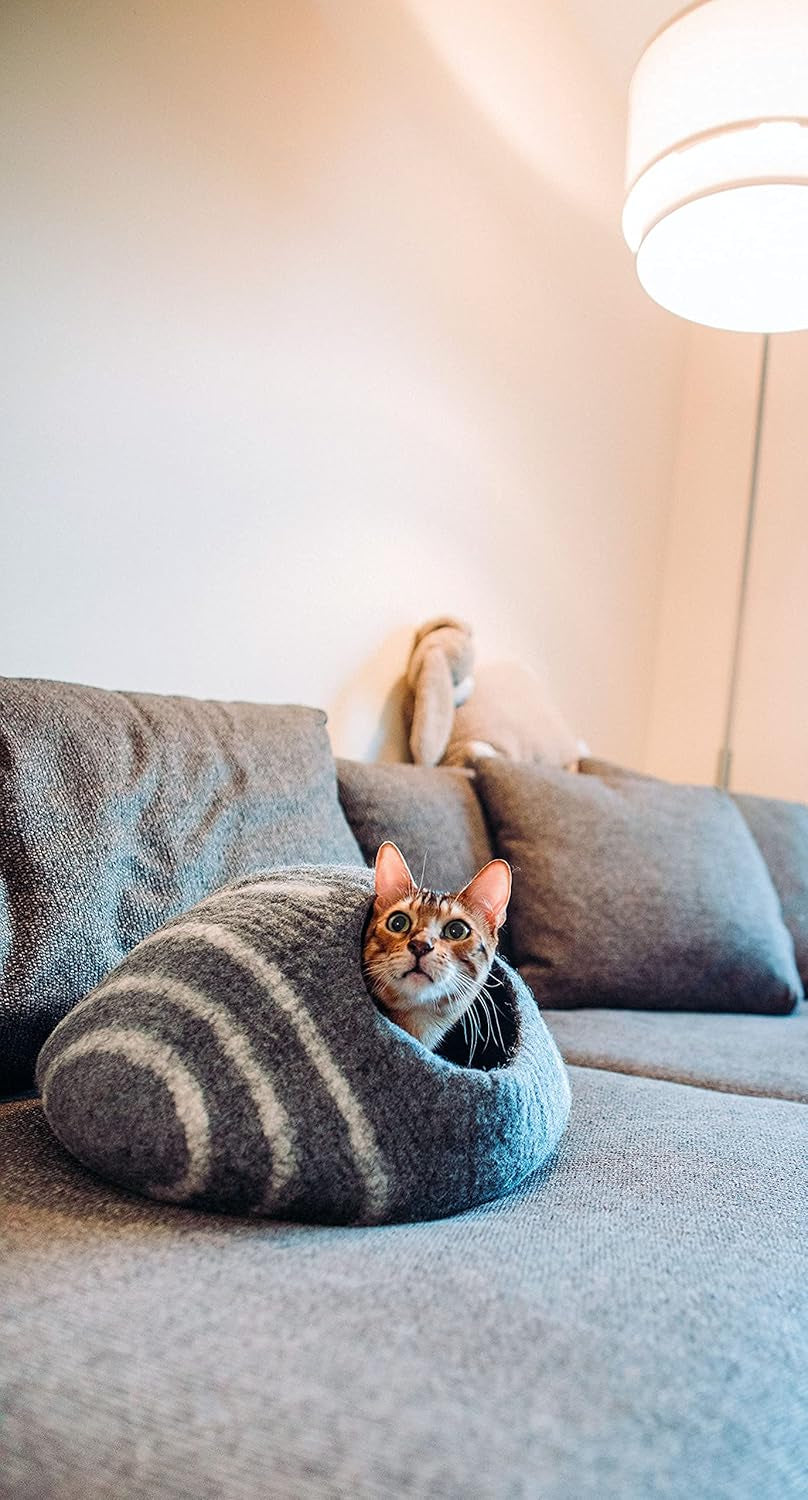 KOTE Cat Cave &amp; Dog Cave | Enclosed Cat Bed | Cat Hideaway | Pod Kitten Bed | Grey Stripe