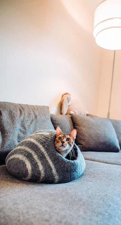 KOTE Cat Cave &amp; Dog Cave | Enclosed Cat Bed | Cat Hideaway | Pod Kitten Bed | Grey Stripe