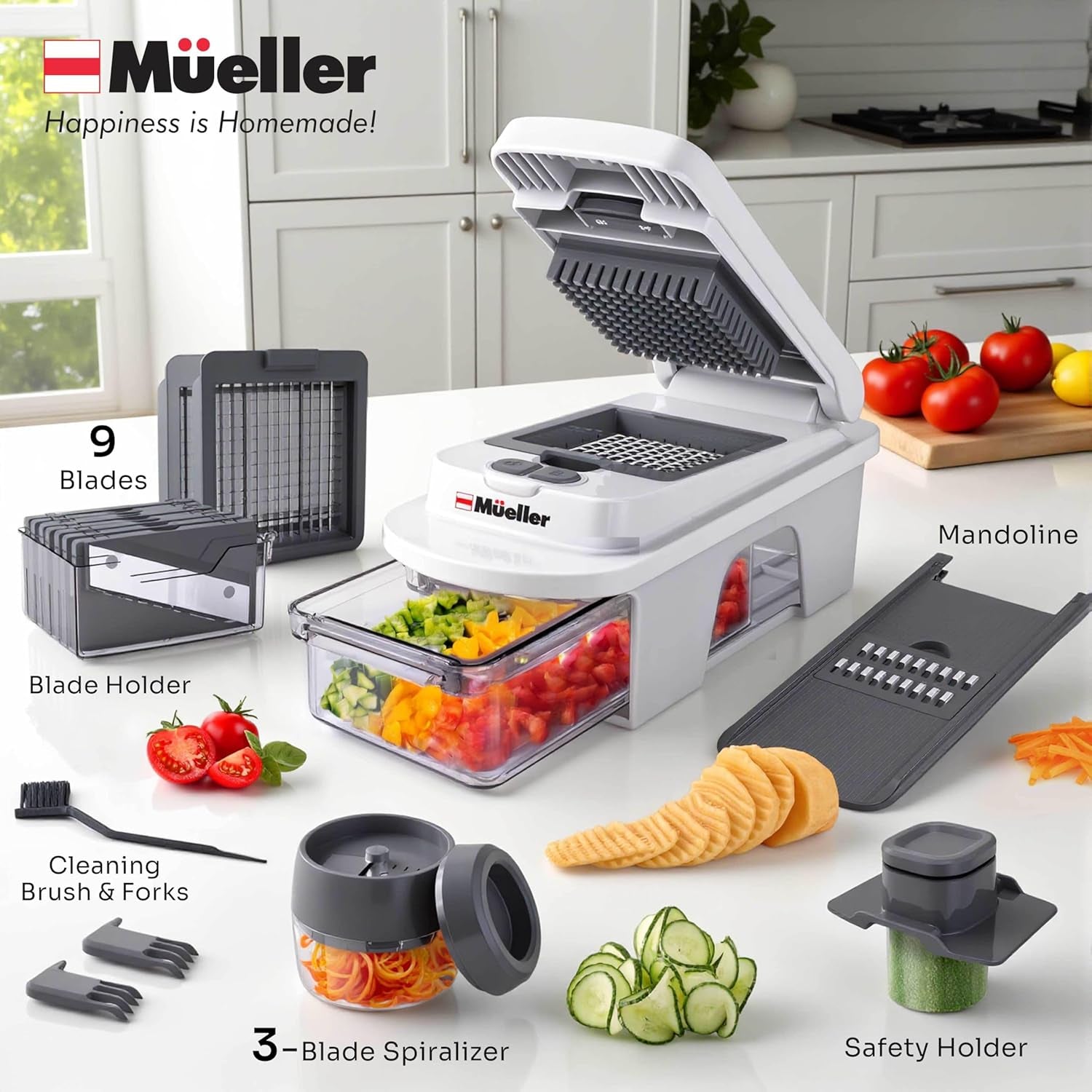 Pro-Series All-In-One, 12 Blade Mandoline Slicer for Kitchen, Food Chopper, Vegetable Slicer and Spiralizer, Cutter, Dicer, Grater, Kitchen Gadgets Sets with Container, White Sand/Gray