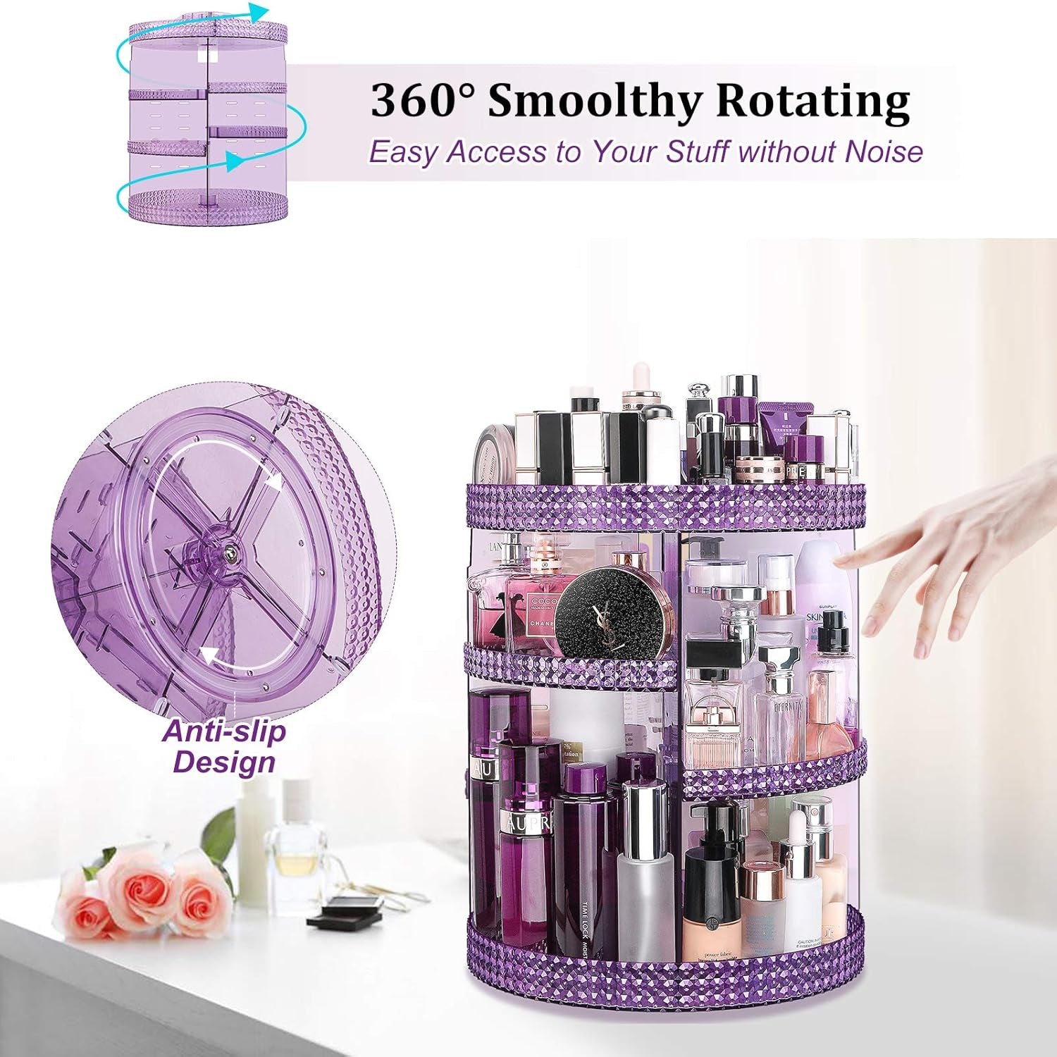 Makeup Organizer 360-Degree Rotating, Adjustable Makeup Storage, 7 Layers Large Capacity Cosmetic Storage Unit, Fits Different Types of Cosmetics and Accessories, plus Size(Purple)
