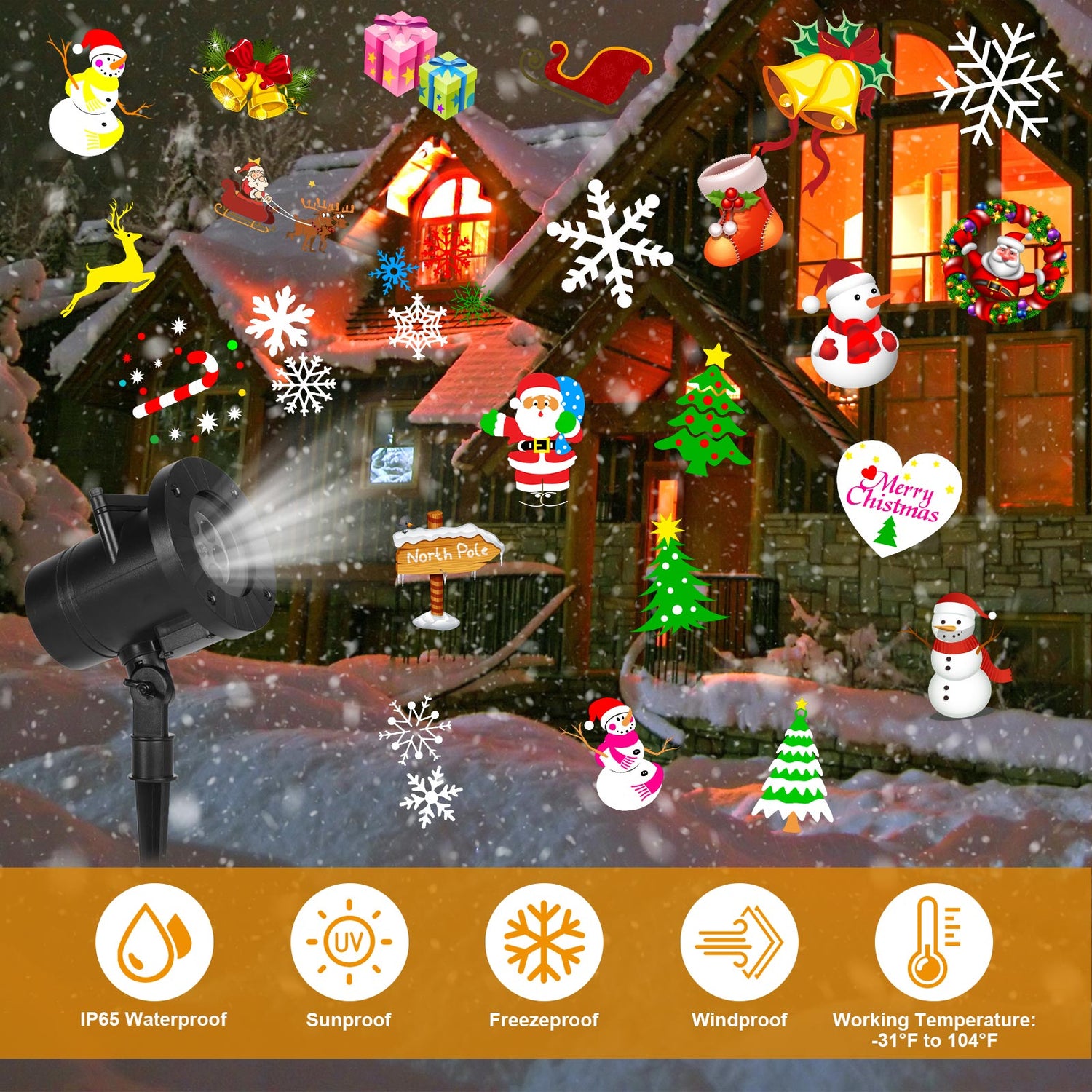 16 Slides Christmas Holiday Lights Projector, Waterproof Snowflakes Projection Lamp Indoor Outdoor Lighting for Halloween, Xmas, Holiday, Party, Birthday Garden House Decoration