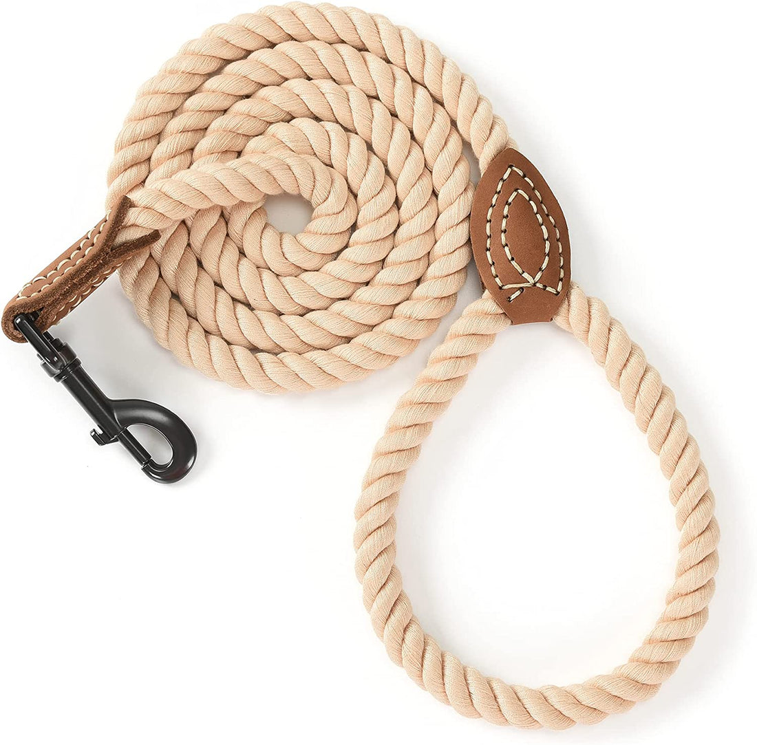 Dog Leash, Braided Cotton Rope Leashes with Leather Tip - Heavy Duty Metal Clasp, 6FT, 1/2&quot; Thick - Wedding, Walking &amp; Training Leash for Small Medium Large Dogs (Light Brown)