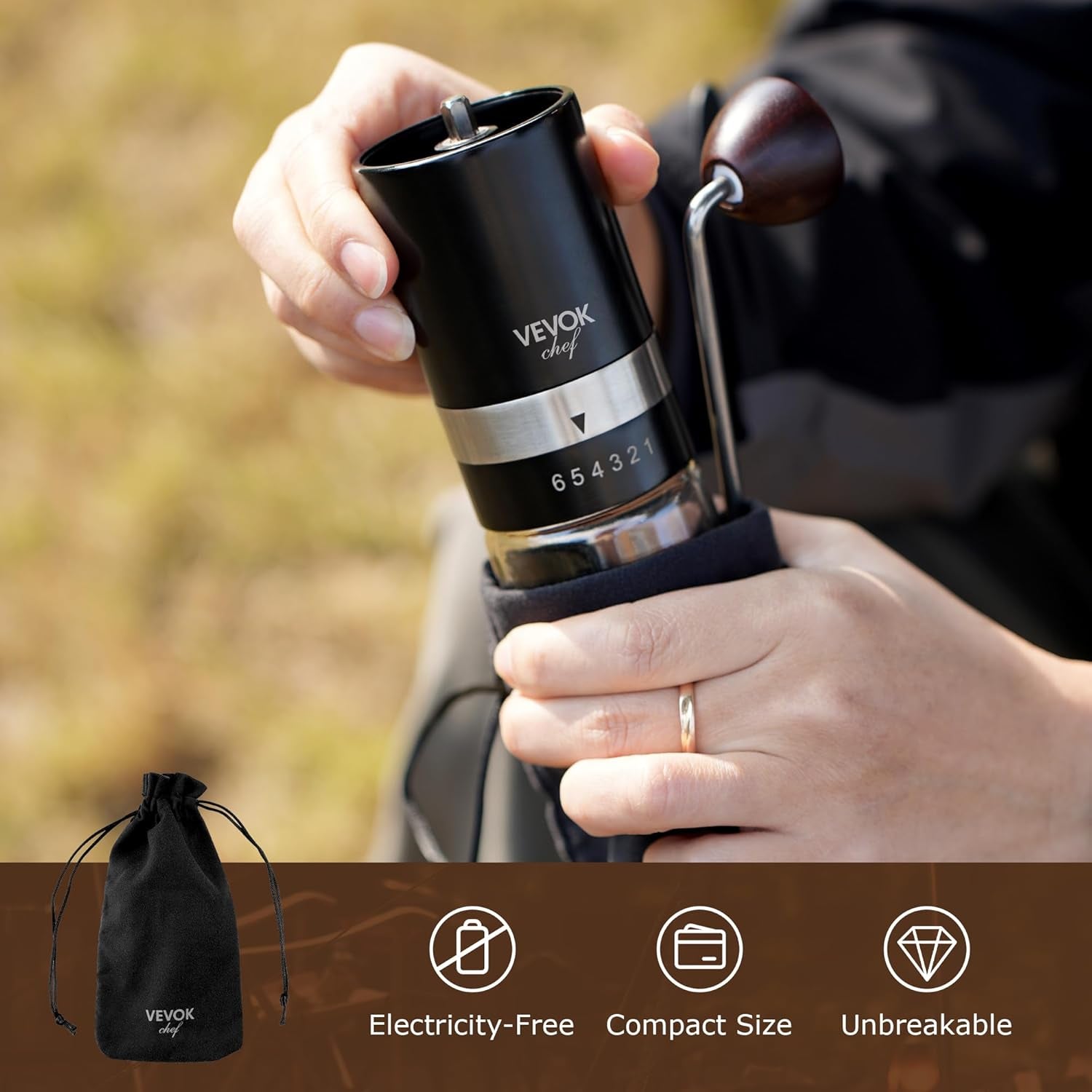 Manual Coffee Grinder Hand Coffee Grinder 6 External Adjustable Setting Stainless Steel Conical Burr Coffee Mill Portable Hand Crank Coffee Bean Grinder Fine for Espresso