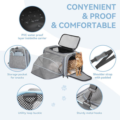 Expandable Small Cat Carriers Dog Carrier, Airline Approved Soft-Sided Portable Washable Pet Travel Carrier with Two Extension up to 9LB