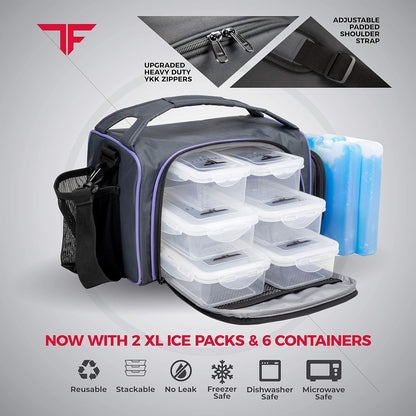 Insulated Meal Prep Lunch Box with 6 Containers, 2 Ice Packs, Purple