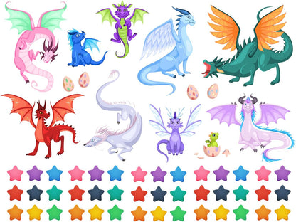 Creative Fairy Dragon Wall Decals Cartoon Large Wings Dragons Eggs Stars Wall Stickers Easy to Peel and Stick Wall Stickers Art Paper for Playroom Nursery Classroom Kids Bedroom Wall Decor