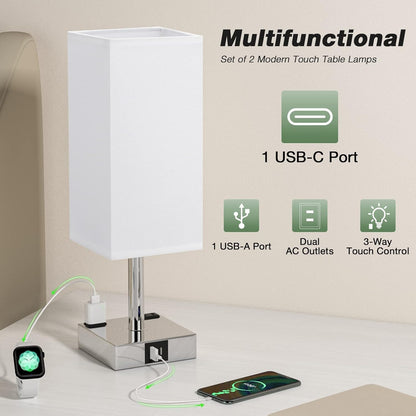 Touch Table Lamps Set of 2 for Bedroom - Dimmable, USB C+A, 2 AC Outlets