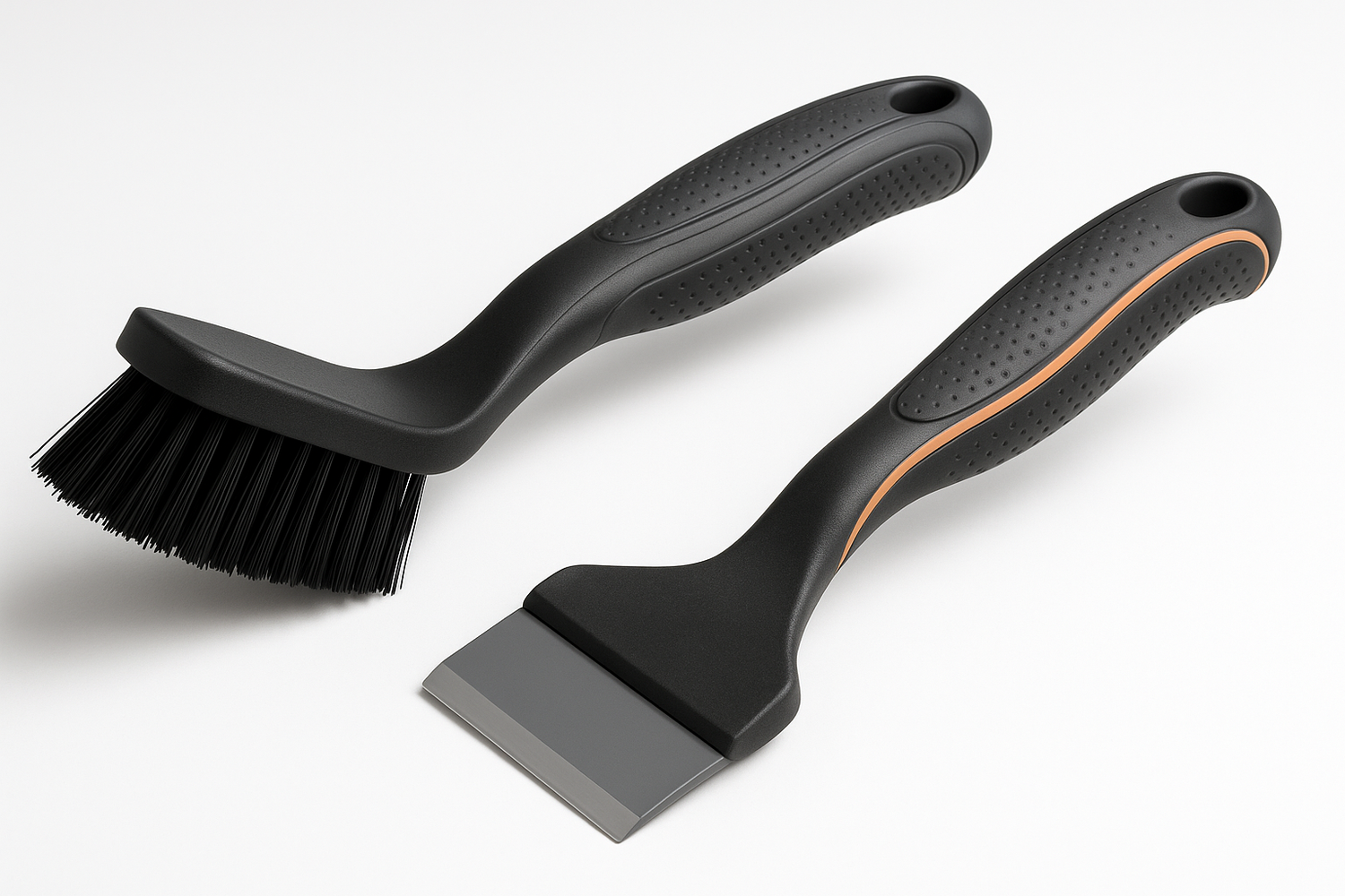The handles of the brush and scraper are ergonomically designed, providing a comfortable grip when used. The angle design of the bristles and scraper makes cleaning more convenient, efficient and labor-saving. All tools have hanging spaces at the tail for easy storage.